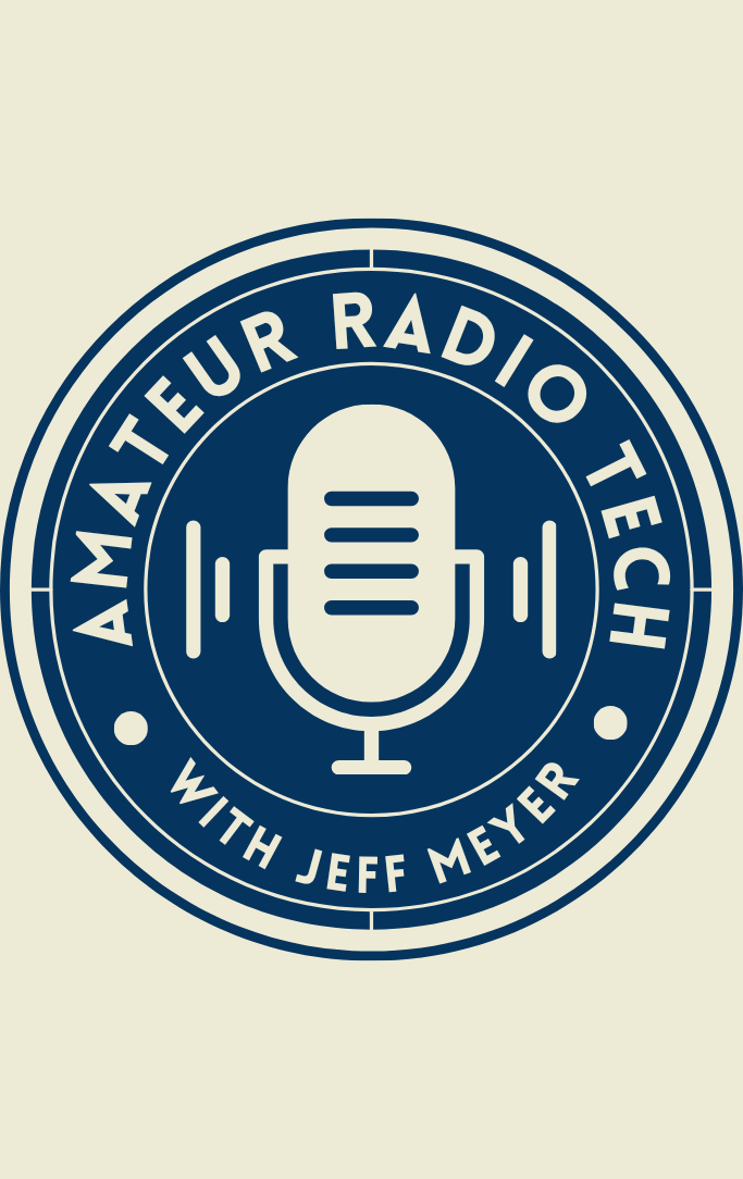 navy blue logo with microphone graphic in the middle and beige background