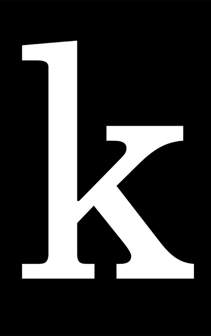 white letter "K" with black background