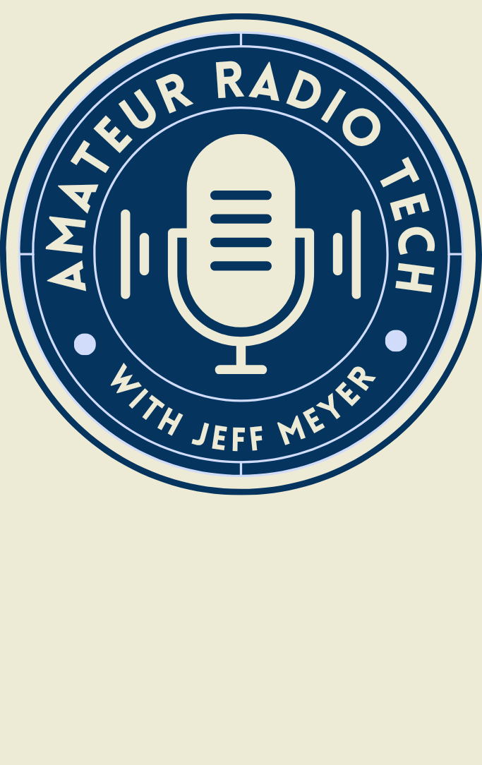 navy blue logo with microphone graphic in the middle and beige background