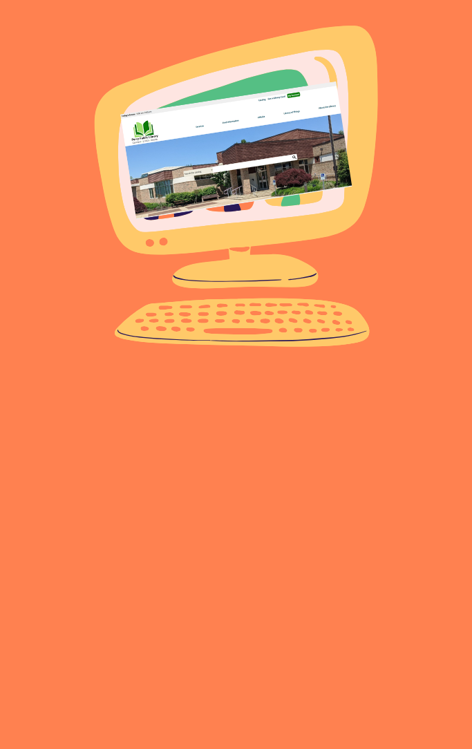 yellow computer with Perry Public Library website and orange background