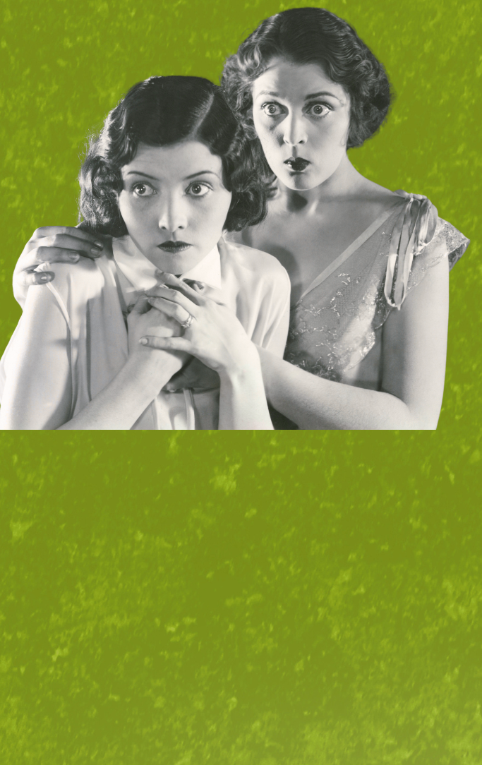 slime green background with two scared women from the 50s