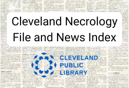 newspaper background with text reading "Cleveland Necrology File and News Index" and "Cleveland Public Library"