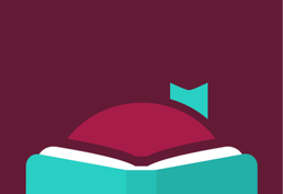 Maroon, white, and turquoise Libby logo of girl reading book