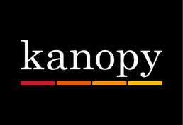 white Kanopy logo with black background and red, orange, and yellow underline