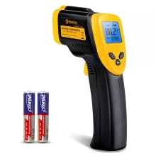 yellow and black handheld infrared thermometer with two triple A batteries