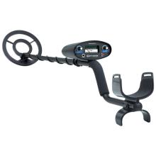 black metal detector with dials, arm rest, and handle