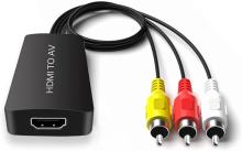 black HDMI port with AV cords that are yellow, red, and white