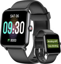 black smart watch with digital face reading the date, time, and how many steps you have taken