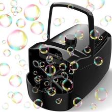 black bubble machine with iridescent bubbles coming out 