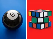 8 Ball with blue background and Rubik's Cube with red background