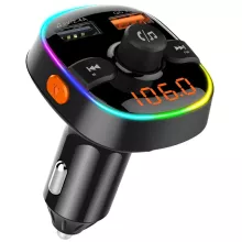 Bluetooth converter with dial in the middle, a screen with a radio station number, and two spots to plug in a USB cord