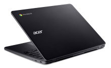 Half opened Chromebook laptop with branding on the front