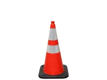 Orange and white striped traffic cone standing by itself