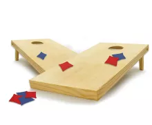 two cornhole boards with red and blue beanbags