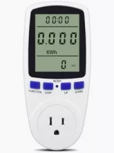 Electricity usage monitor with digital screen, four buttons, and a three-pronged outlet