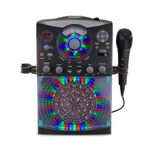 Karaoke machine with flashing red, blue, and green lights and microphone attached