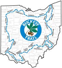 the state of Ohio depicting the Buckeye Trails with blue lines and a logo in the middle