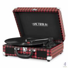 Red and black plaid record player open with record spinning
