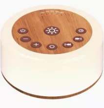 cream colored and circular noise machine with wooden panel middle and buttons