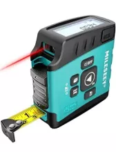 turquoise and black tape measure with red laser, buttons, and digital reader