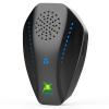 black device with blue lights and green logo