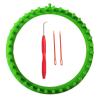 green, round loom with red hook and needles 
