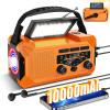 orange emergency radio with shining flashlight and illuminated solar panel