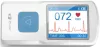 handheld white and blue EKG monitor with button and digital screen