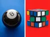 8 Ball with blue background and Rubik's Cube with red background
