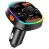 Bluetooth converter with dial in the middle, a screen with a radio station number, and two spots to plug in a USB cord