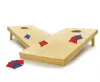 two cornhole boards with red and blue beanbags