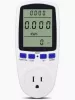Electricity usage monitor with digital screen, four buttons, and a three-pronged outlet