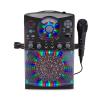Karaoke machine with flashing red, blue, and green lights and microphone attached