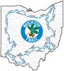the state of Ohio depicting the Buckeye Trails with blue lines and a logo in the middle