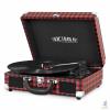 Red and black plaid record player open with record spinning